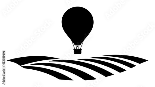 hot air balloon above farmland field silhouette vector