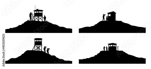 military watchtowers with soldiers on hill silhouette vector