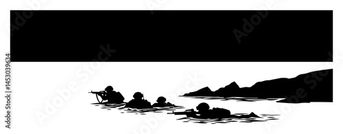 soldiers approaching coastline in water silhouette vector