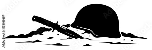fallen soldier's helmet and knife lying in battlefield dirt silhouette