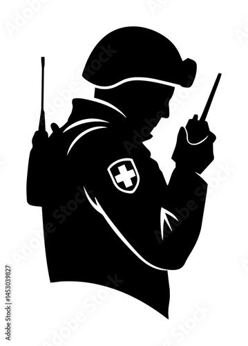 military medic using radio communication silhouette vector