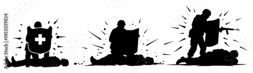 combat medics protecting wounded with shields silhouette vector