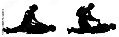 first aid CPR rescue by medics silhouette vector