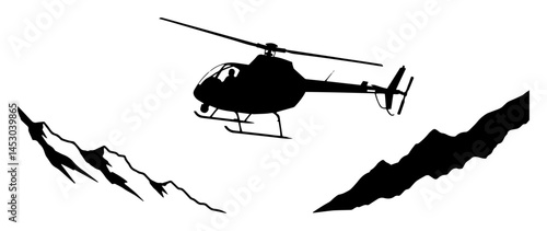 helicopter flying between mountains silhouette vector