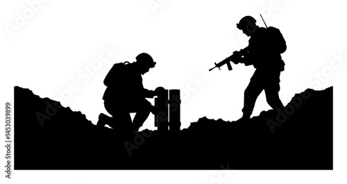 soldiers preparing mortar in trench silhouette vector