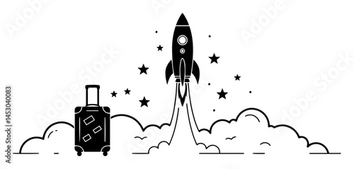 rocket launch with suitcase and stars silhouette vector engraving shape