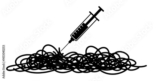 syringe injecting into tangled mess symbolizing mental health crisis