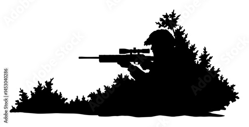 camouflaged sniper aiming rifle from bush in silhouette scene