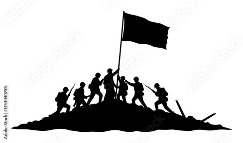 soldiers raising flag on battlefield hilltop in silhouette scene