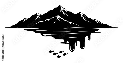 melting mountain landscape with underwater fish in surreal silhouette
