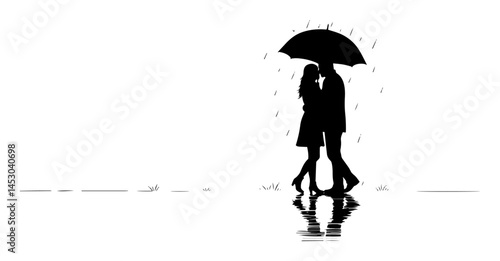 silhouette of couple kissing under umbrella in rainy romantic scene