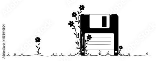 floppy disk with growing flowers representing digital nostalgia silhouette