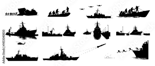 naval warships and soldiers in combat operations silhouette set