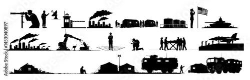 military operations equipment and personnel icons in silhouette set