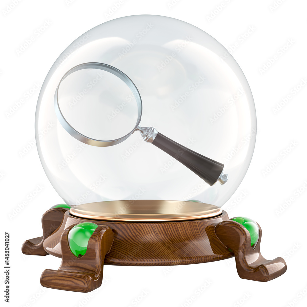 Crystal Ball with loupe, 3D rendering isolated on transparent background