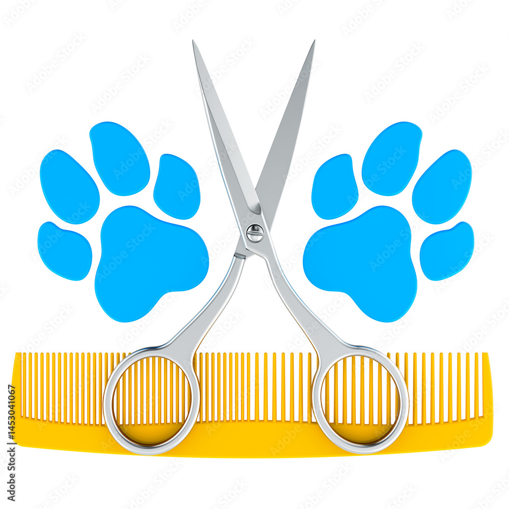 Dog grooming salon, concept. Scissors and comb crossed with pet paw print, 3D rendering isolated on transparent background
