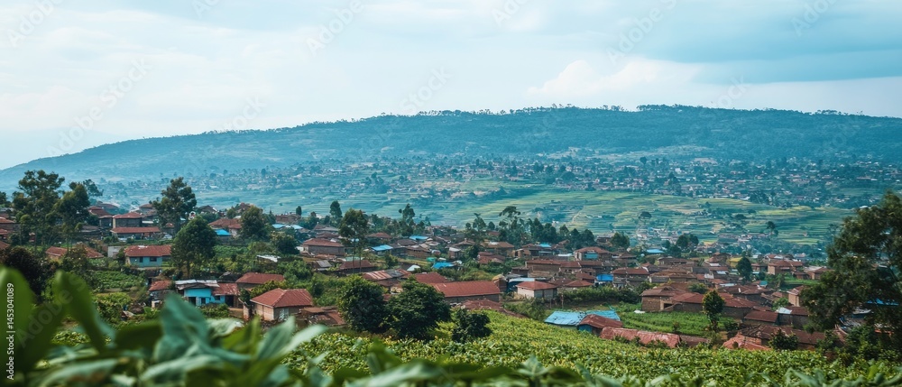 Panoramic view of a hillside village nestled in a valley.