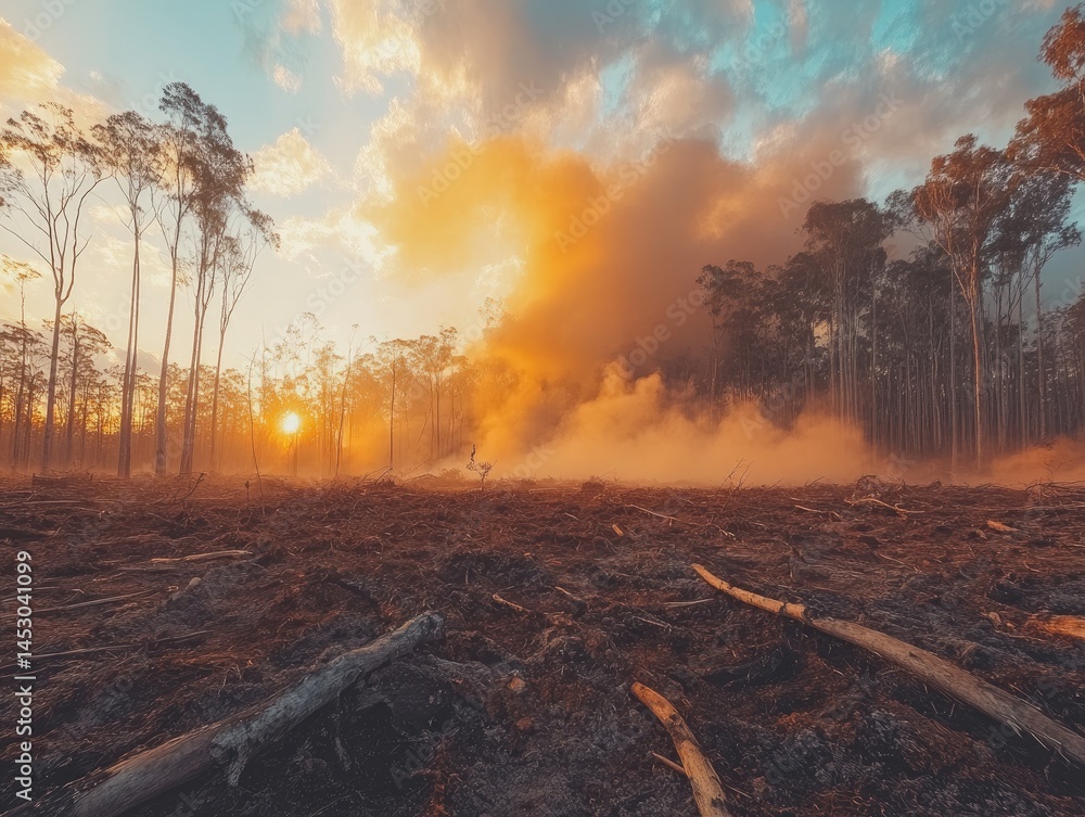 Forest clearing at sunset, a dramatic scene.
