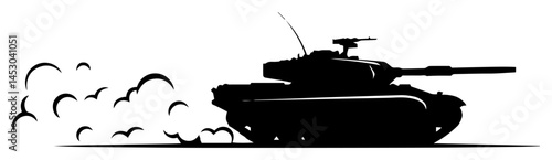 military tank moving forward with smoke trail in silhouette view