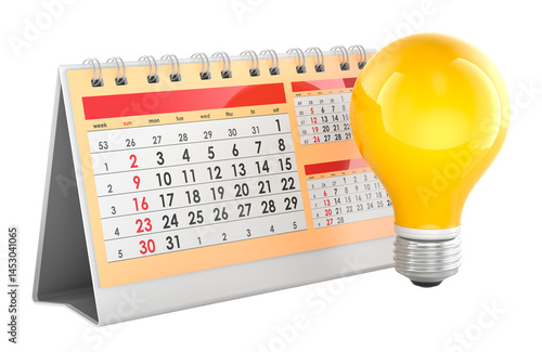 Desk calendar with yellow light bulb. 3D rendering isolated on transparent background