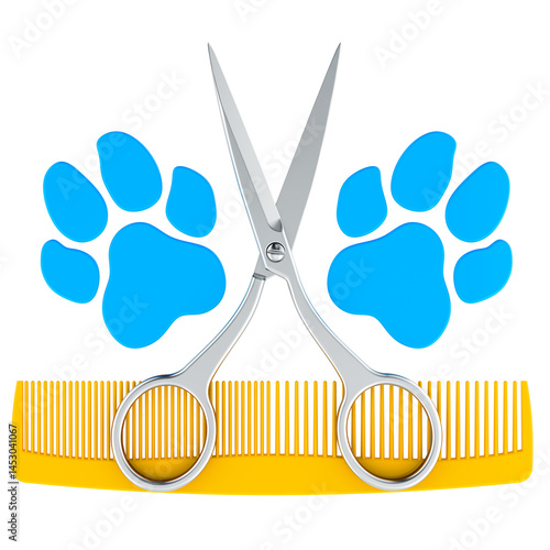 Obraz na płótnie Dog grooming salon, concept. Scissors and comb crossed with pet paw print, 3D rendering isolated on transparent background w salonie