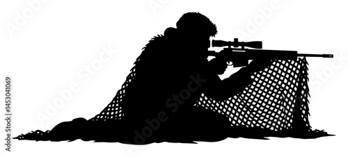 sniper aiming rifle under camouflage netting in silhouette scene