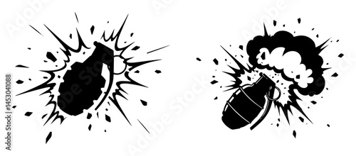 hand grenades exploding with blast effects in silhouette style
