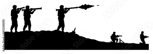 soldiers firing rocket launchers and machine guns silhouette scene