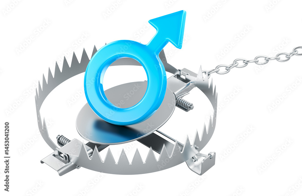Bear trap with blue male gender symbol inside, 3D rendering isolated on transparent background