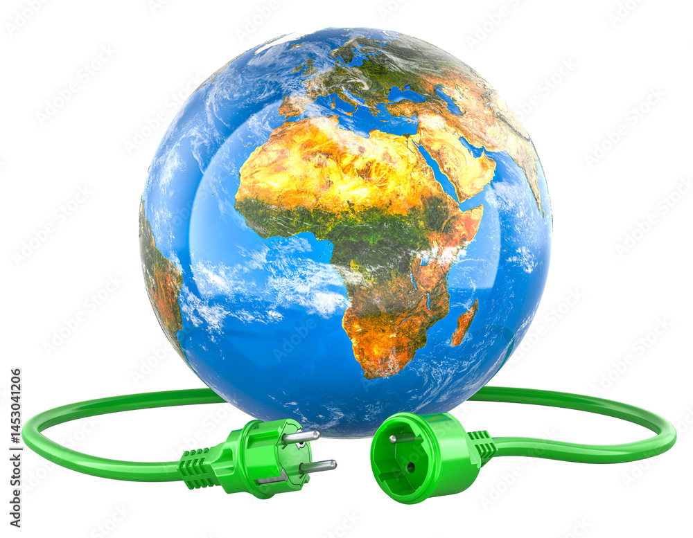Power outage, global blackout, concept. Earth Globe with Electric Plug and Socket disconnection. 3D rendering isolated on transparent background