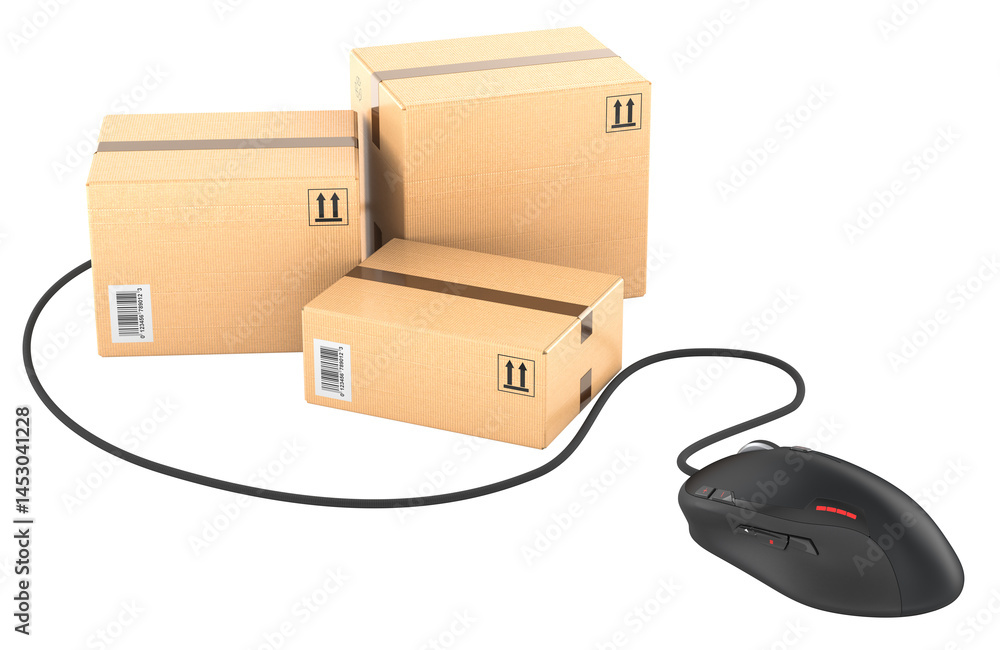 Parcels with computer mouse, 3D rendering isolated on transparent background