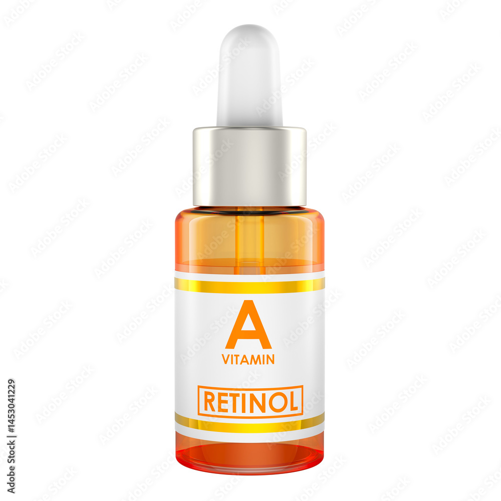Serum with retinol, vitamin A. Dropper bottle, cosmetic or medical product. 3D rendering isolated on transparent background