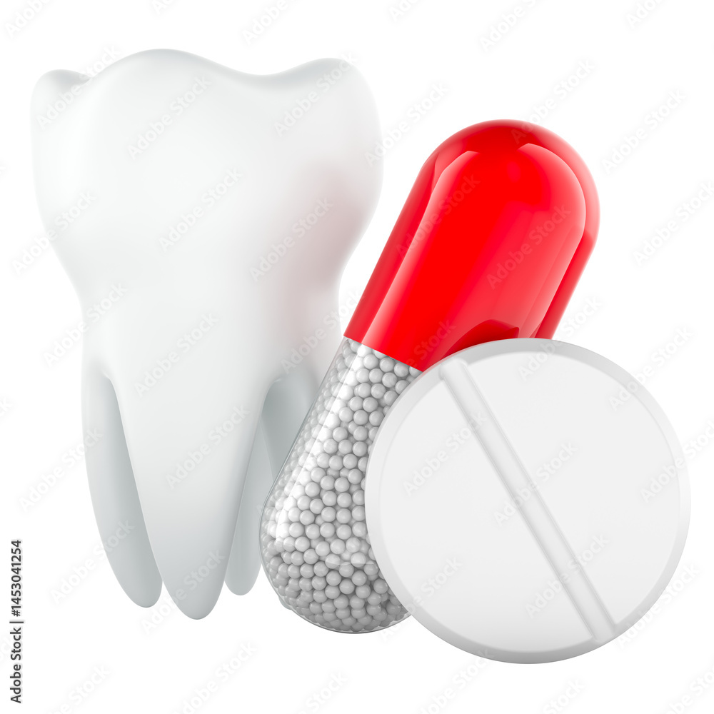 Tooth with medicament capsule and pill tablet. 3D rendering isolated on transparent background