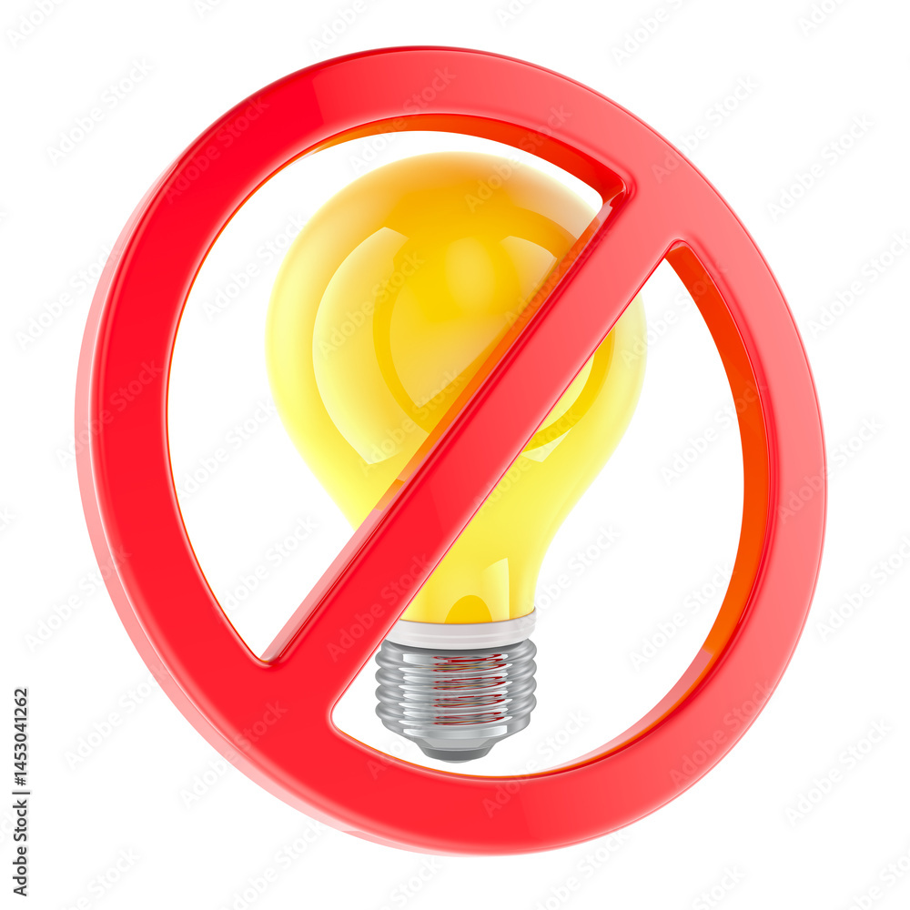 Lightbulb with forbidden sign, prohibition symbol. Power outage, concept. 3D rendering isolated on transparent background