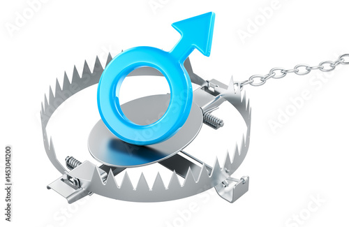 Obraz na płótnie Bear trap with blue male gender symbol inside, 3D rendering isolated on transparent background w salonie