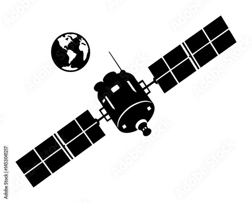 satellite orbiting around earth planet in space silhouette design