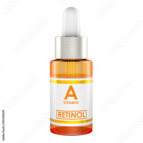 Serum with retinol, vitamin A. Dropper bottle, cosmetic or medical product. 3D rendering isolated on transparent background