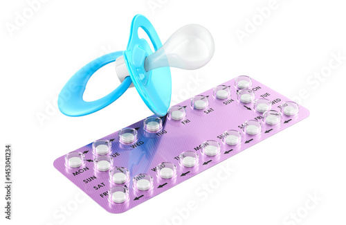 Birth control, concept. Baby pacifier with Combined oral contraceptive pills. 3D rendering isolated on transparent background