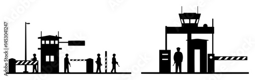 military border checkpoint with guards and control towers silhouette
