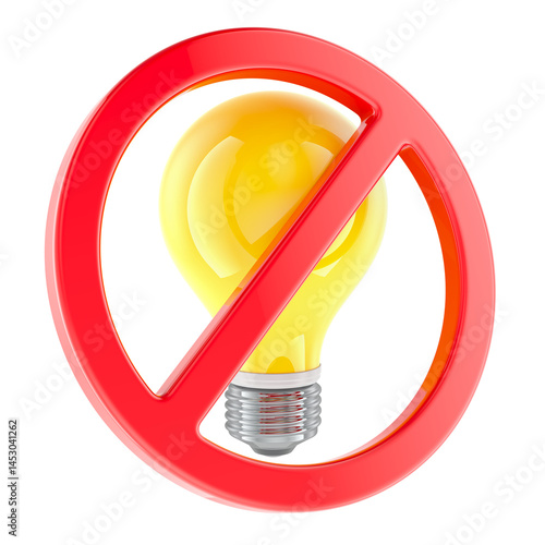Obraz na płótnie Lightbulb with forbidden sign, prohibition symbol. Power outage, concept. 3D rendering isolated on transparent background w salonie