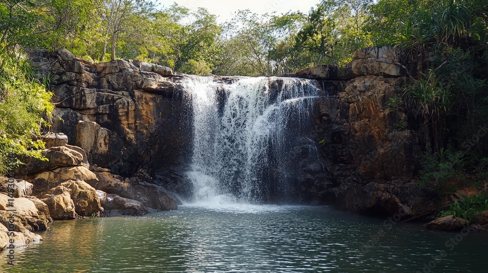 Fototapeta premium Lush waterfall cascading into a tranquil pool amidst rocky terrain.