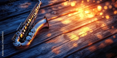 Obraz na płótnie A Jazzy Saxophone on a Rustic Wooden Surface w salonie