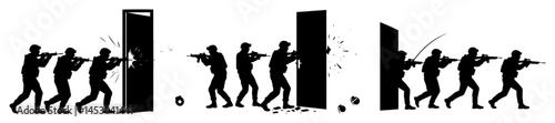 special forces breaching door in tactical formation silhouette vector