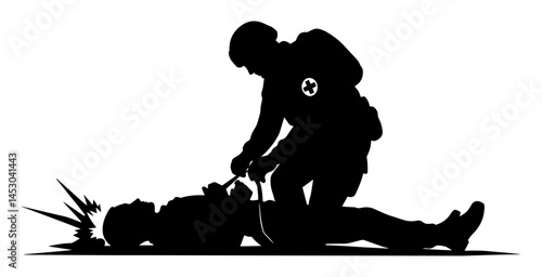 military medic helping wounded soldier silhouette vector