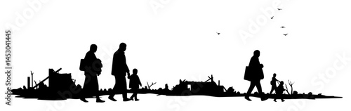 refugees walking through war zone destruction silhouette scene
