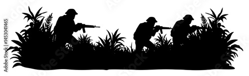 soldiers in jungle ambush position silhouette vector