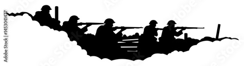 soldiers aiming rifles in trench silhouette vector