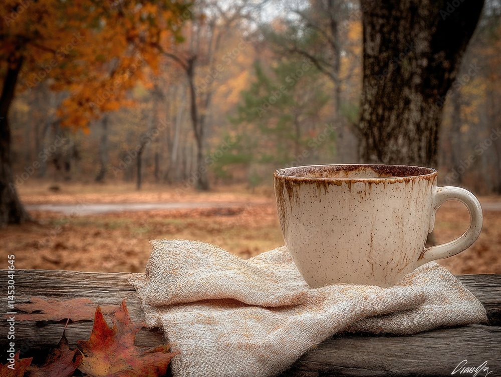 Autumnal scene featuring a warm beverage.