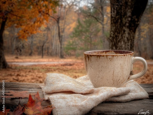 Obraz na płótnie Autumnal scene featuring a warm beverage. w salonie