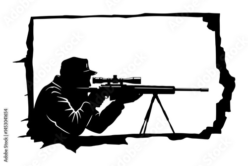 sniper aiming rifle through broken wall silhouette